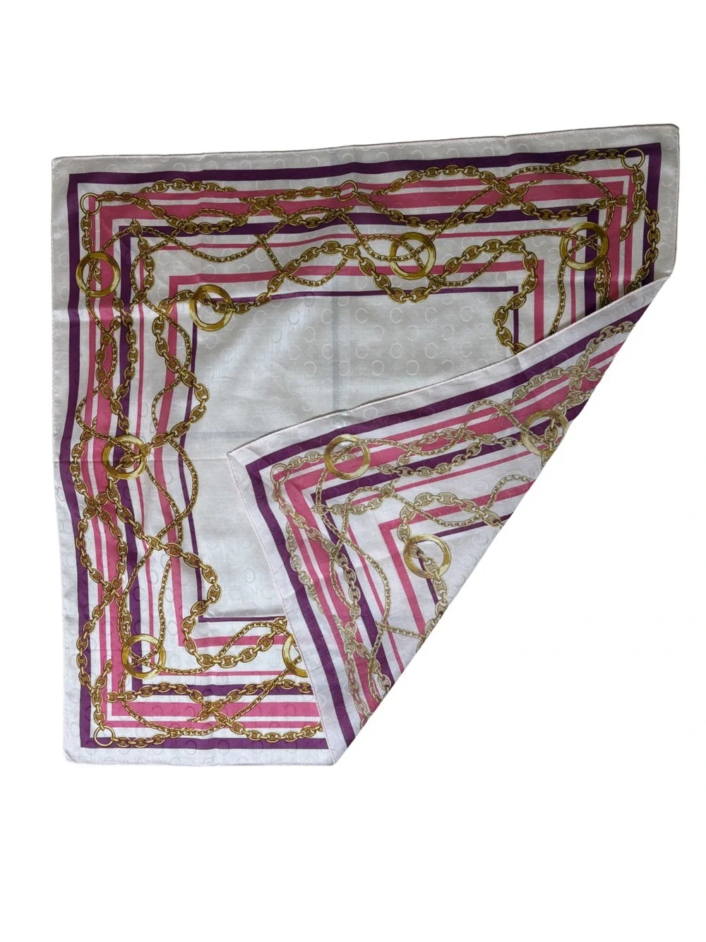 Celine White Silk Scarf with Pink, Purple & Gold Chain Print